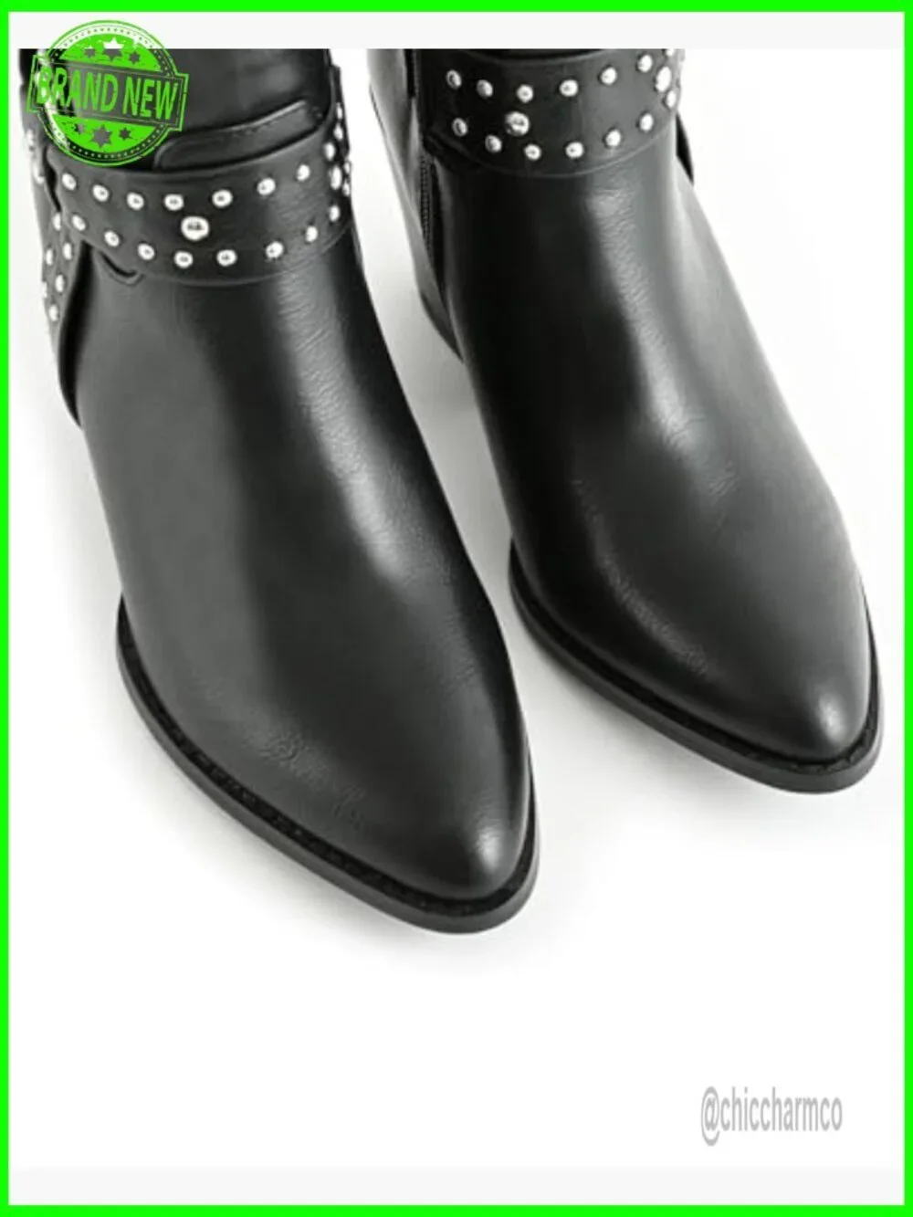 Chunky Stacked Heel Ankle Boots Pointed Toe Chelsea Combat Side Zipper Studded